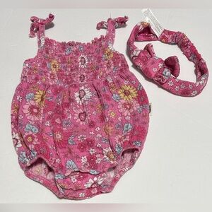 Rabbit Bear Organic Baby Girl Smocked Bubble Romper Pink Floral 3-6 Months